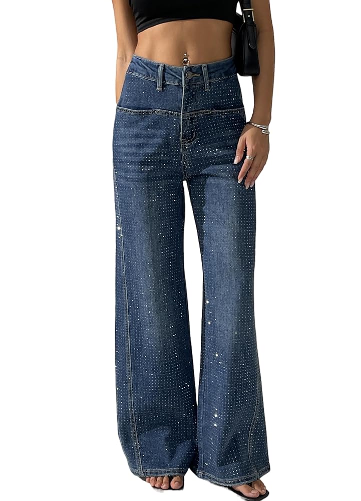 heipeiwa Women's Rhinestone Jeans Wide Leg Flare Denim Pants
